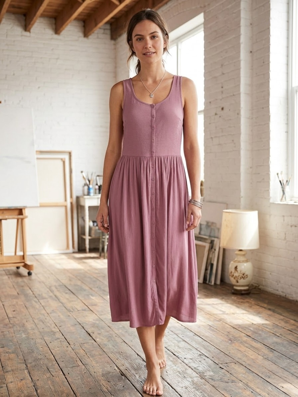 Frye Mauve Pink Ribbed Button Front Sleeveless Midi Dress Size Medium Pockets